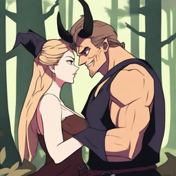 An animated scene depicting a forbidden romance between an adult female witch and a male demon