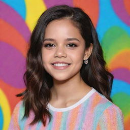 A professional digital art portrait of actress Jenna Ortega with bright colors in the background