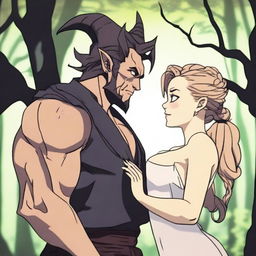 An animated scene depicting a forbidden romance between an adult female witch and a male demon