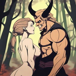 An animated scene depicting a forbidden romance between an adult female witch and a male demon