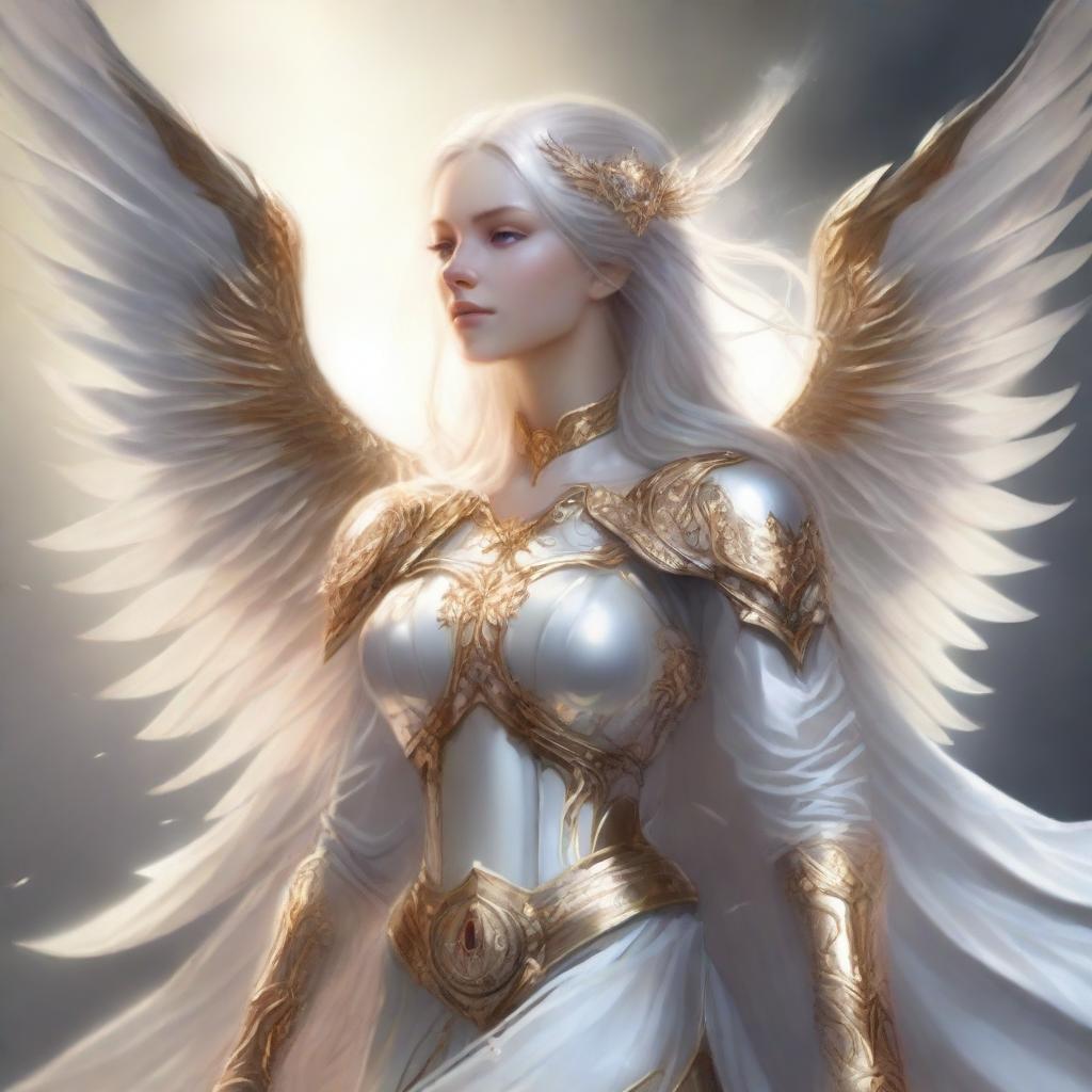 Create a detailed image of a female Aasimar, a celestial being with radiant, ethereal features