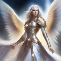 Create a detailed image of a female Aasimar, a celestial being with radiant, ethereal features