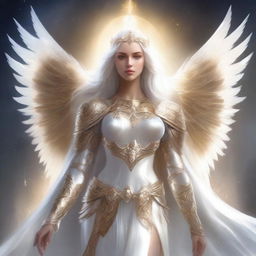 Create a detailed image of a female Aasimar, a celestial being with radiant, ethereal features