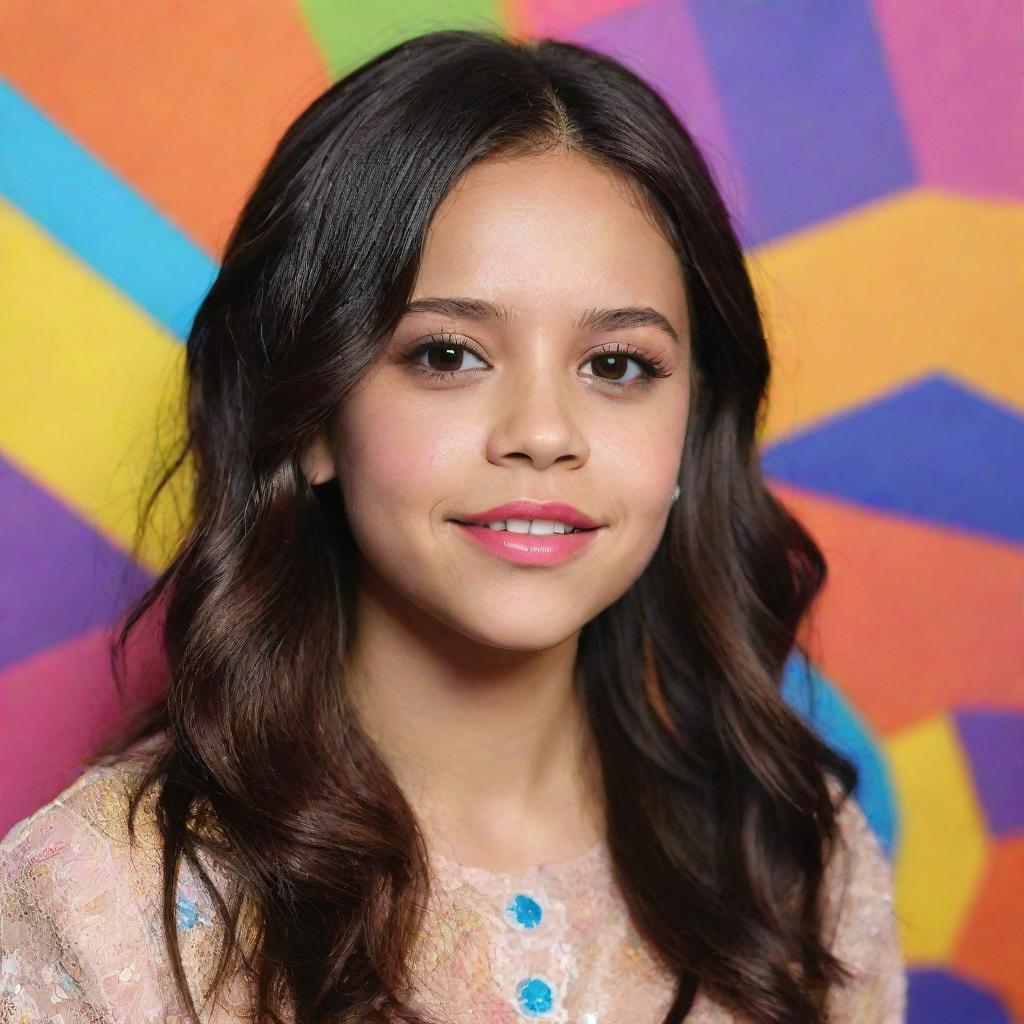 A professional digital art portrait of actress Jenna Ortega with bright colors in the background