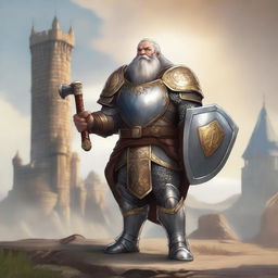 A brave dwarf paladin stands tall, donned in shining armor with holy symbols etched into the metal