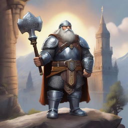 A brave dwarf paladin stands tall, donned in shining armor with holy symbols etched into the metal