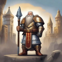 A brave dwarf paladin stands tall, donned in shining armor with holy symbols etched into the metal