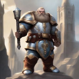 A brave dwarf paladin stands tall, donned in shining armor with holy symbols etched into the metal