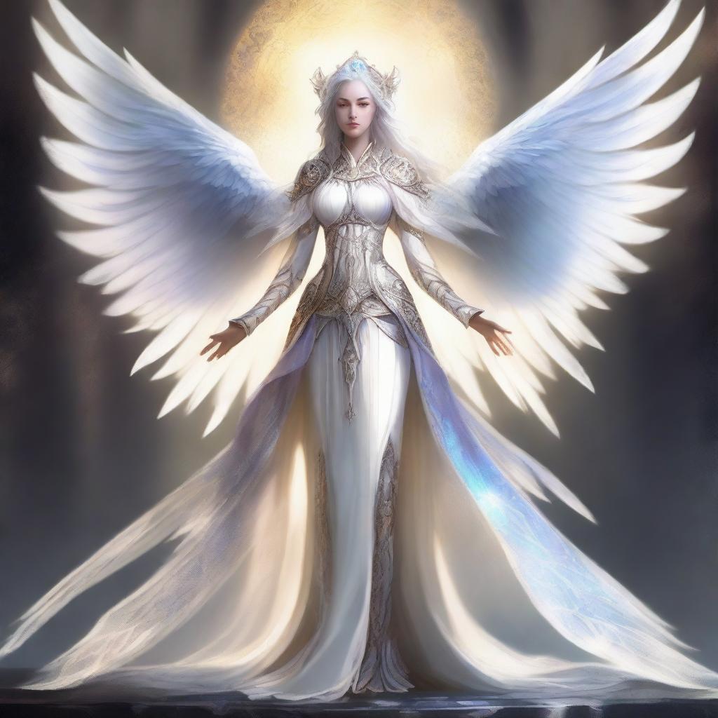 A female Aasimar with white skin and shadow wings