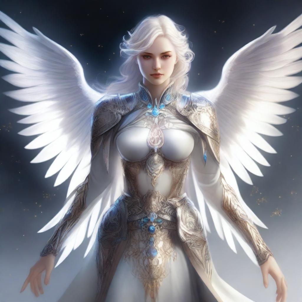 A female Aasimar with white skin and shadow wings