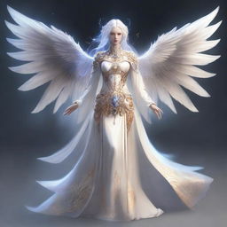 A female Aasimar with white skin and shadow wings