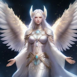 A female Aasimar with white skin and shadow wings