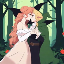 An animated scene depicting a forbidden romance between an adult female witch and a female demon