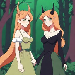 An animated scene depicting a forbidden romance between an adult female witch and a female demon