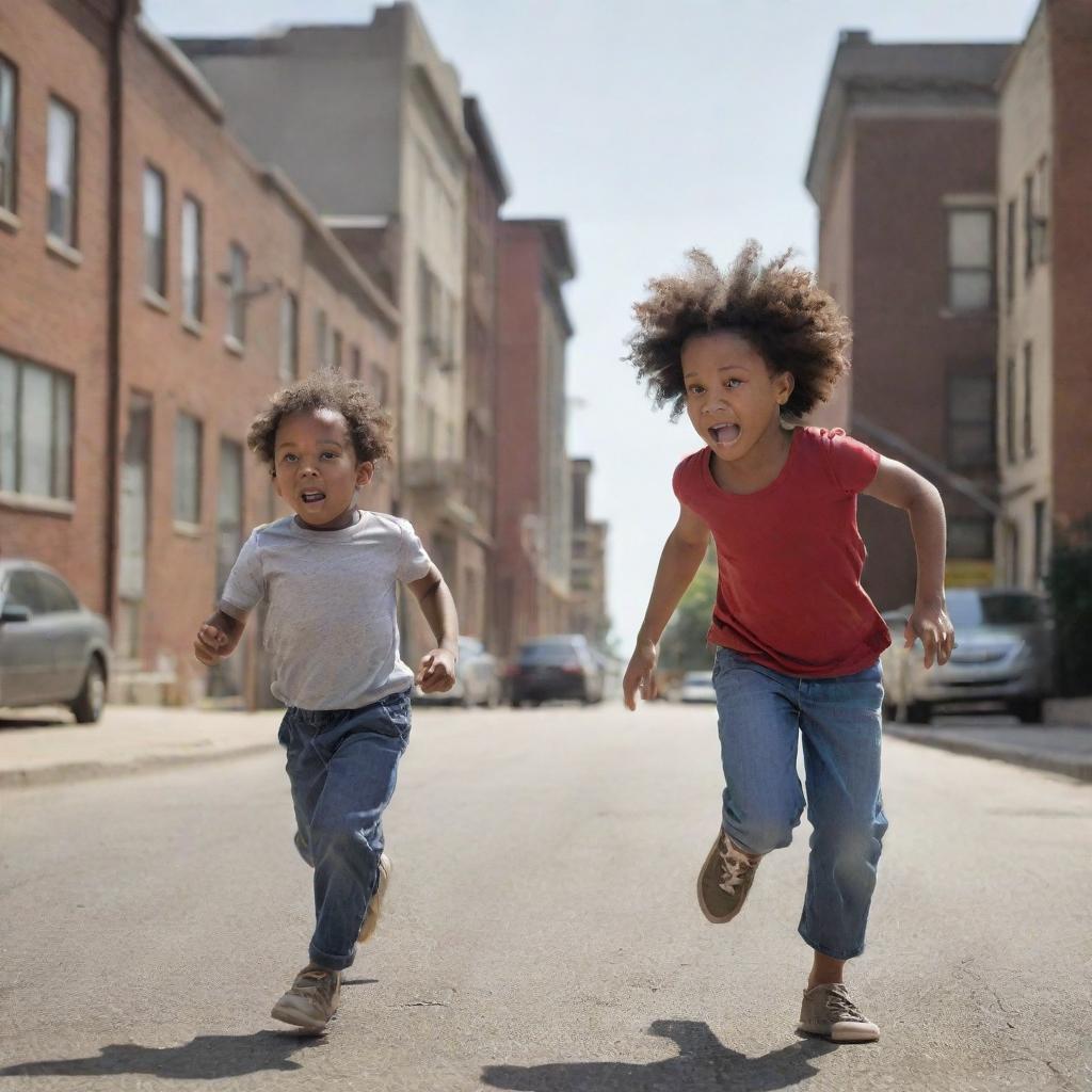 A dynamic scene of an African American woman, full of concern and determination, chasing a mischievous little boy who seems to be running away with a stolen item, amidst a lively urban backdrop.