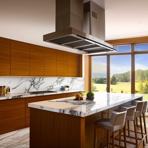 A modern, stylish kitchen with state-of-the-art stainless steel appliances, marble countertops, large windows for natural lighting, a kitchen island, and sleek wooden cabinets.