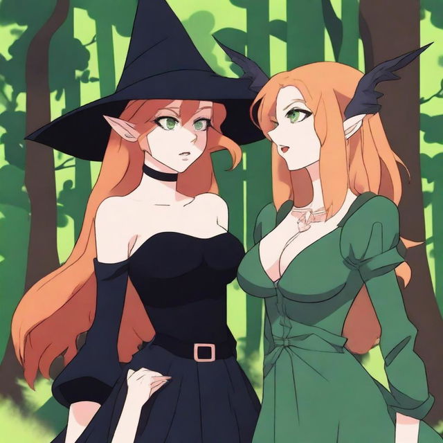 An animated scene depicting a forbidden romance between an adult female witch and a female demon