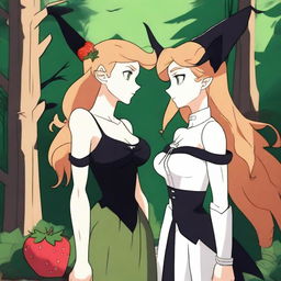 An animated scene depicting a forbidden romance between an adult female witch and a female demon