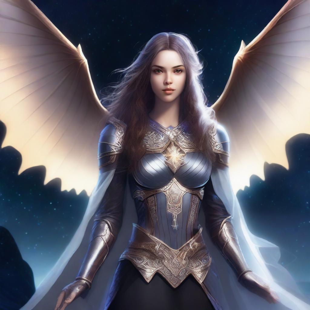 A stunning female Aasimar with bat wings, glowing with an ethereal light