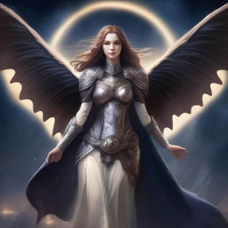 A stunning female Aasimar with bat wings, glowing with an ethereal light