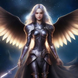 A stunning female Aasimar with bat wings, glowing with an ethereal light