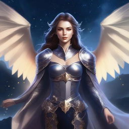 A stunning female Aasimar with bat wings, glowing with an ethereal light