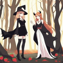 An animated scene depicting a forbidden romance between an adult female witch and a female demon