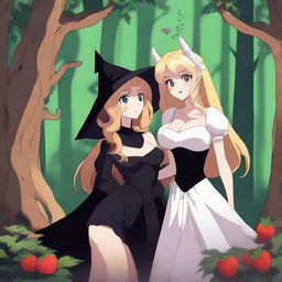 An animated scene depicting a forbidden romance between an adult female witch and a female demon