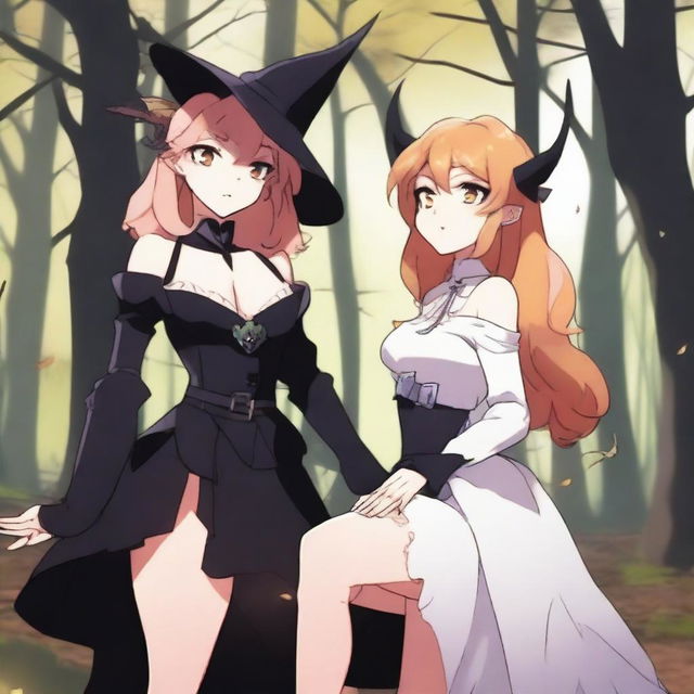 An animated scene depicting a forbidden romance between an adult female witch and a female demon