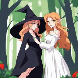 An animated scene depicting a forbidden romance between an adult female witch and a female demon