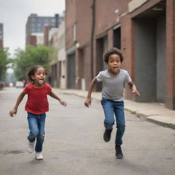 A dynamic scene of an African American woman, full of concern and determination, chasing a mischievous little boy who seems to be running away with a stolen item, amidst a lively urban backdrop.