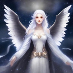 A female Aasimar with bat wings and white hair