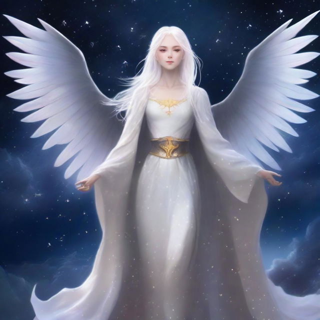 A female Aasimar with bat wings and white hair