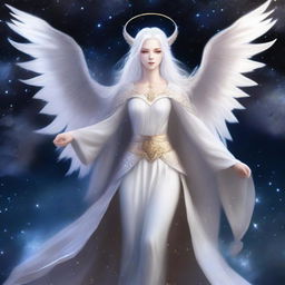 A female Aasimar with bat wings and white hair