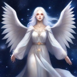 A female Aasimar with bat wings and white hair