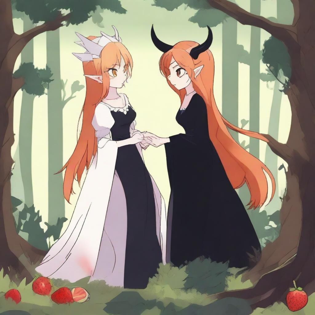 An animated scene depicting a forbidden romance between an adult female witch and a female demon