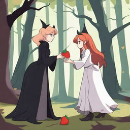 An animated scene depicting a forbidden romance between an adult female witch and a female demon