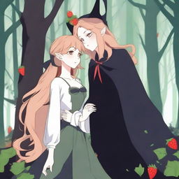 An animated scene depicting a forbidden romance between an adult female witch and a female demon