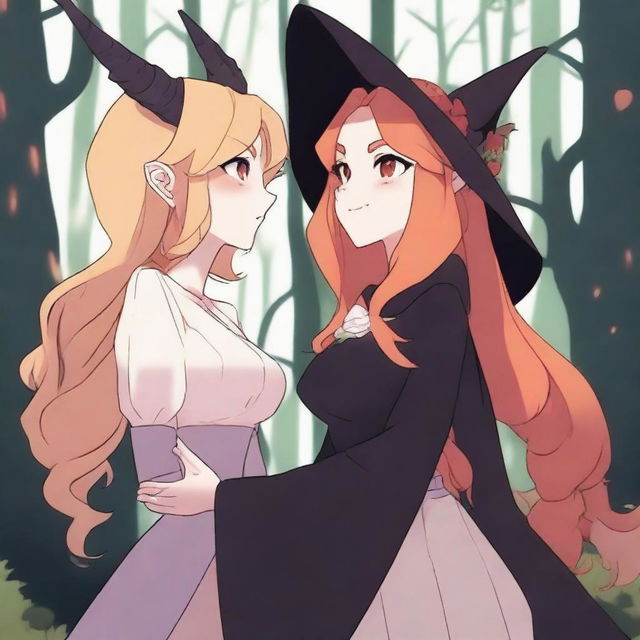 An animated scene depicting a forbidden romance between an adult female witch and a female demon