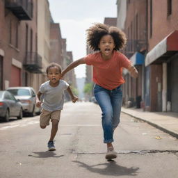 A dynamic scene of an African American woman, full of concern and determination, chasing a mischievous little boy who seems to be running away with a stolen item, amidst a lively urban backdrop.