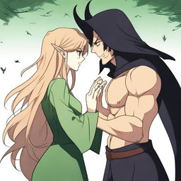 An animated scene depicting a forbidden romance between an adult female witch and a male demon