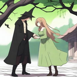 An animated scene depicting a forbidden romance between an adult female witch and a male demon