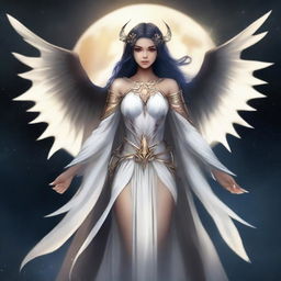 Create an image of a female Aasimar with bat wings