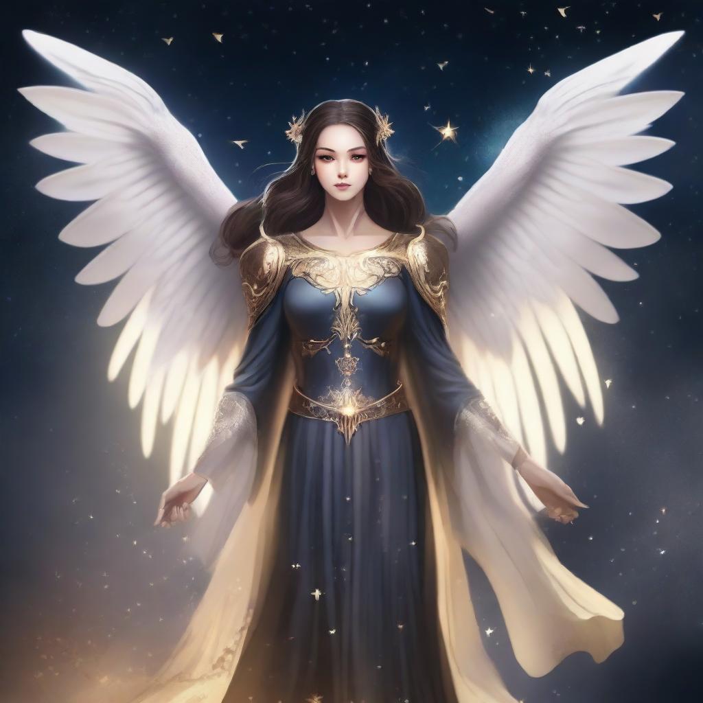 Create an image of a female Aasimar with bat wings