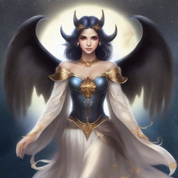 Create an image of a female Aasimar with bat wings