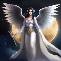 Create an image of a female Aasimar with bat wings