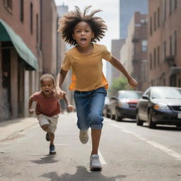 A dynamic scene of an African American woman, full of concern and determination, chasing a mischievous little boy who seems to be running away with a stolen item, amidst a lively urban backdrop.