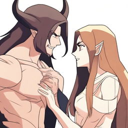 An animated scene depicting a hate-to-love relationship between an adult female witch and a male demon