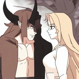 An animated scene depicting a hate-to-love relationship between an adult female witch and a male demon