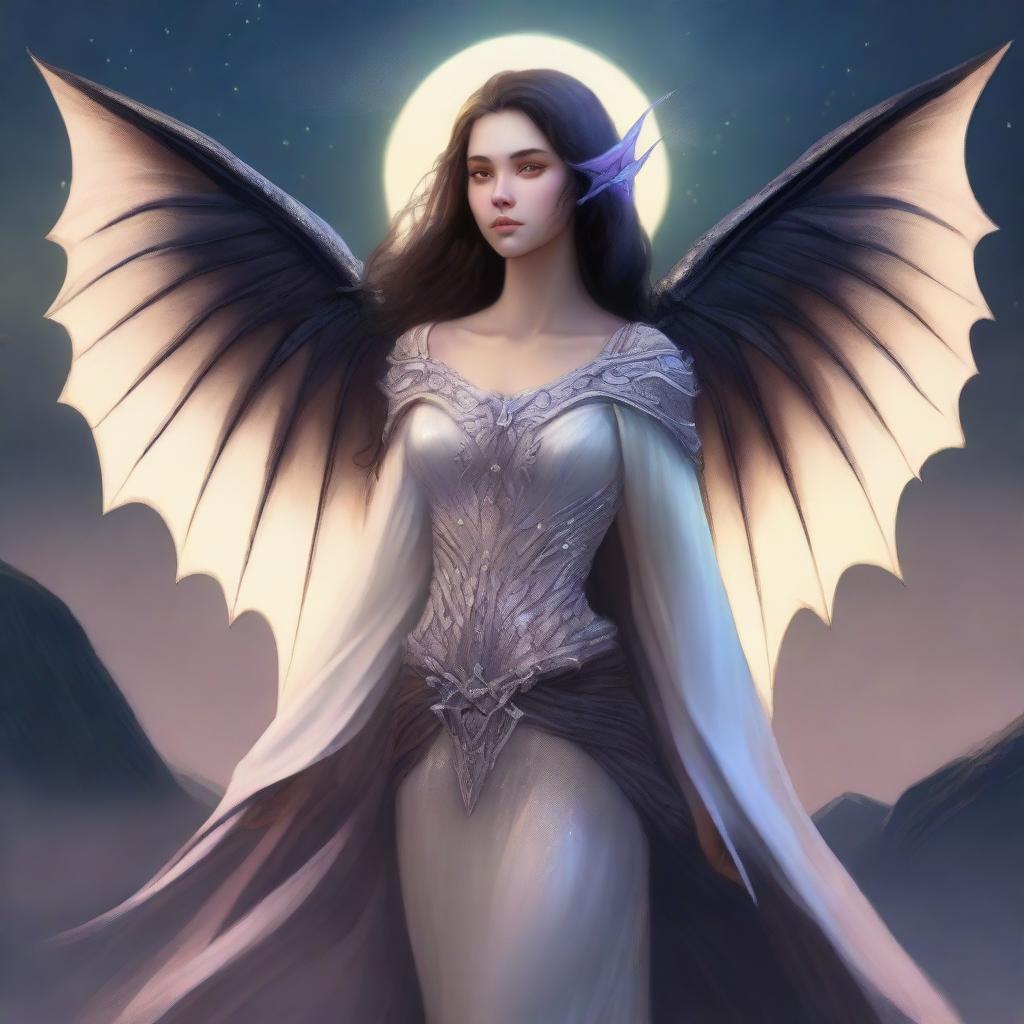 A female Aasimar with majestic bat wings